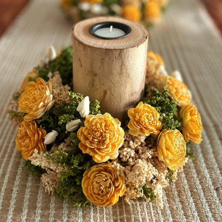 Handmade Decorative Yellow Shola Flower Centerpiece with Candle Holder