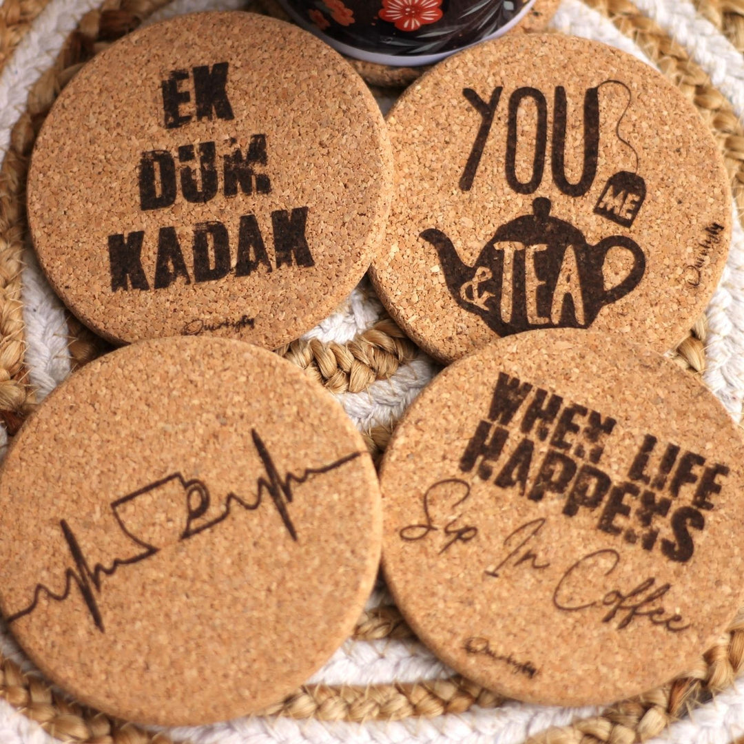 Eco-Friendly Printed Coffee & Tea Lover’s Cork Coaster Set | Set of 4