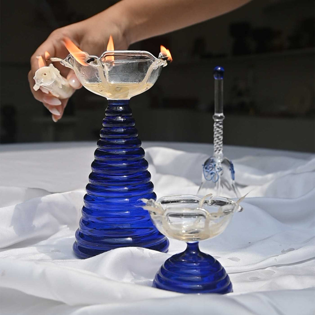 Handmade Blue Borosil Glass Oil Lamp / Diya | 5.9  inch