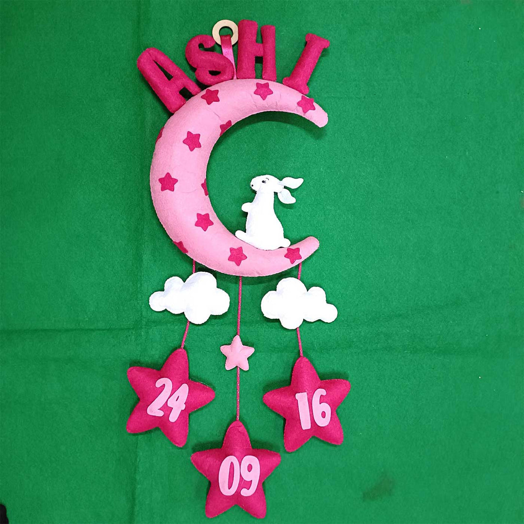 Personalized Handmade Bunny Theme Moon Shaped Felt Kids Name Plate with Birthdate