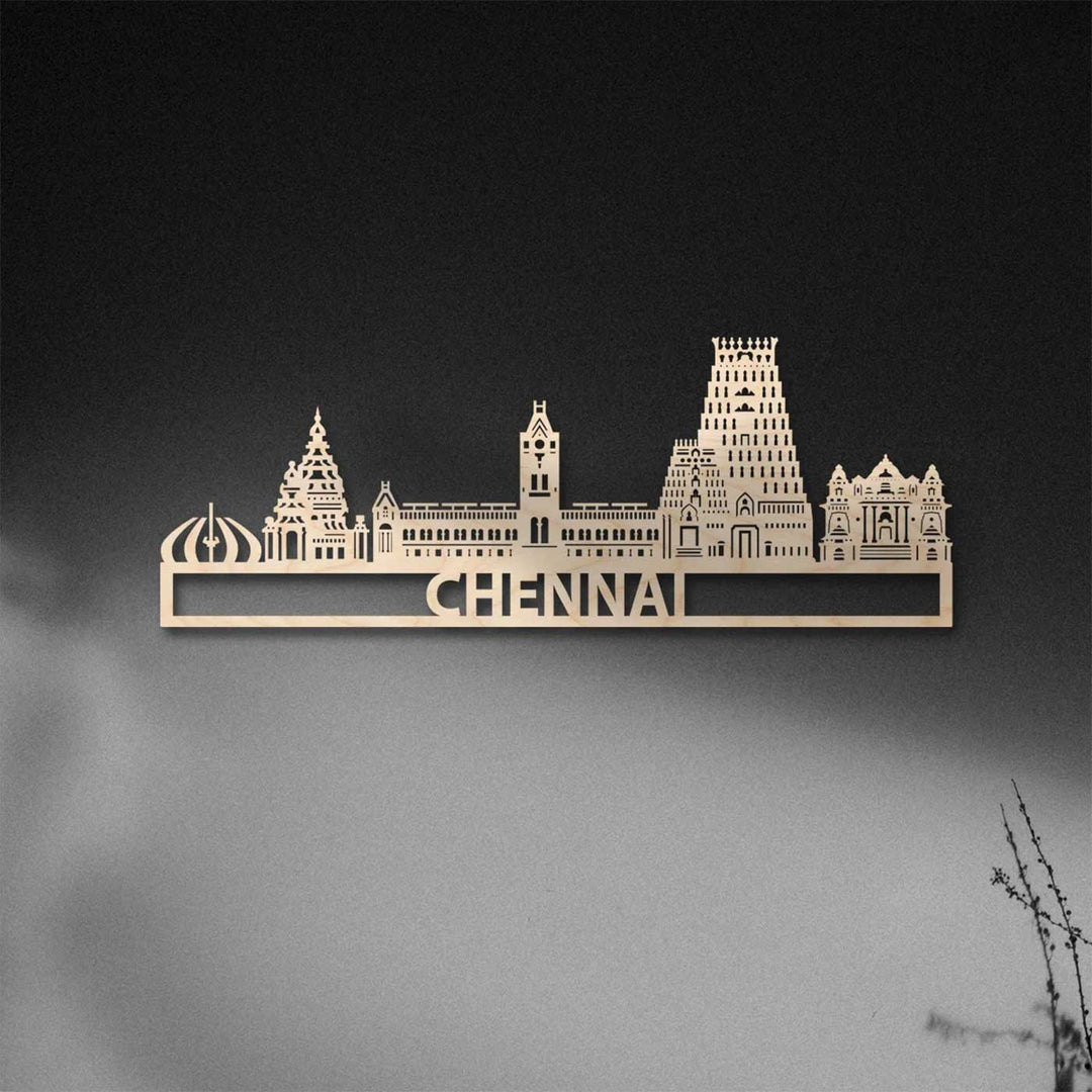 Printed Black Wooden Chennai City Skyline Wall Decor