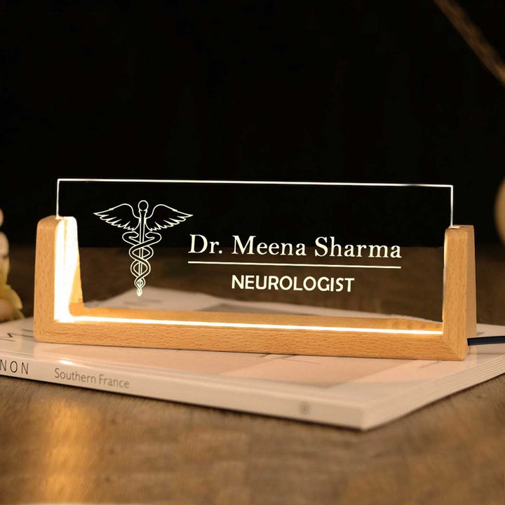 Personalized Doctor Sleek Glass Desk Nameplate With LED Light