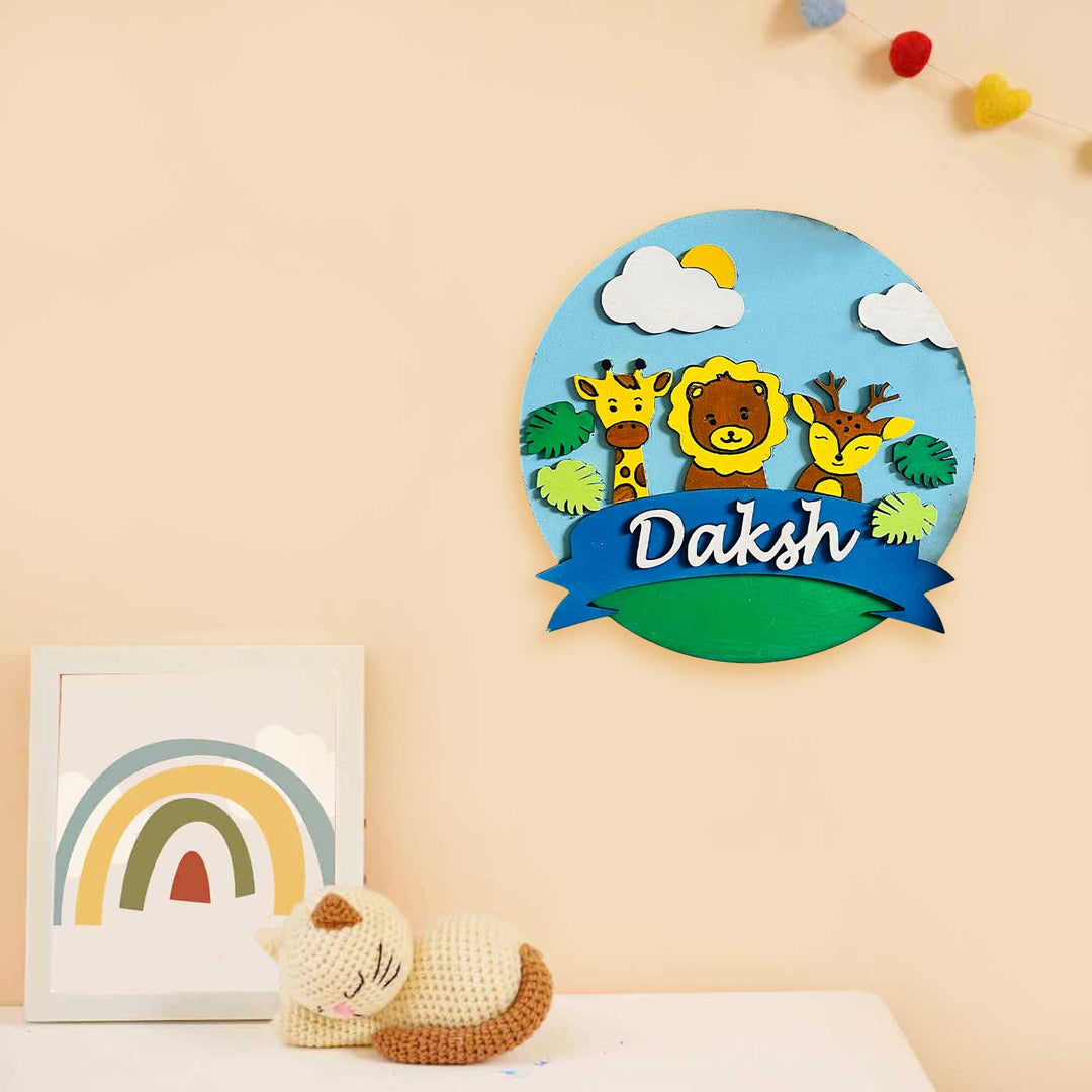 Personalized Hand-Painted Jungle Themed Blue Color Mdf Wood Kids Name Plate