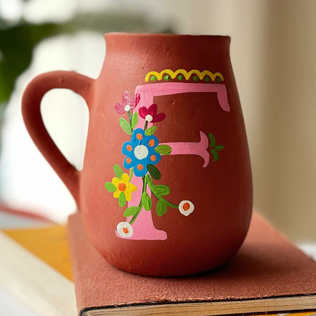 Personalized Hand-painted Floral Theme Monogram Terracotta Mug - F