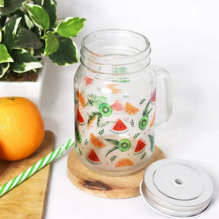 Botanical Print Mason Jar with Metal Lid & Straw | 500 ml