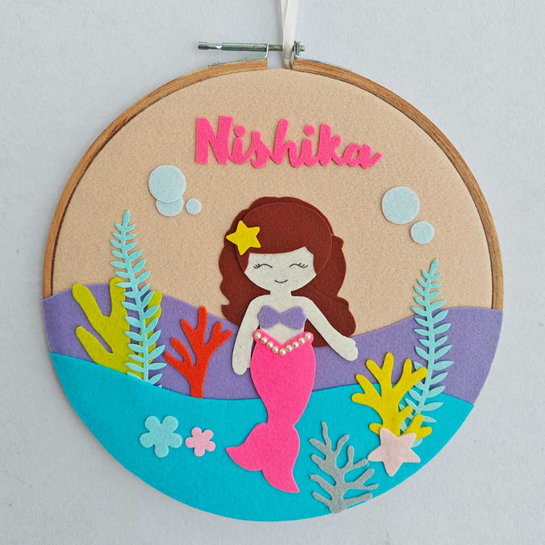 Personalized Handmade Pink Mermaid Theme Felt Hoop Name Plate