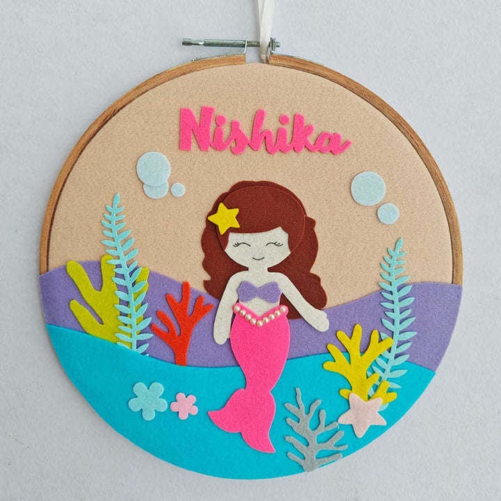 Personalized Handmade Pink Mermaid Theme Felt Hoop Name Plate