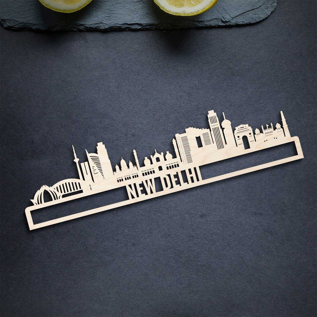 Printed Black Wooden New Delhi City Skyline Wall Decor