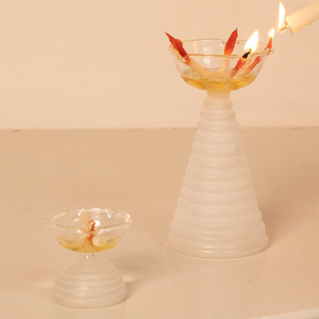 Handmade Clear Frosted Borosil Glass Oil Lamp / Diya | 5.9  inch