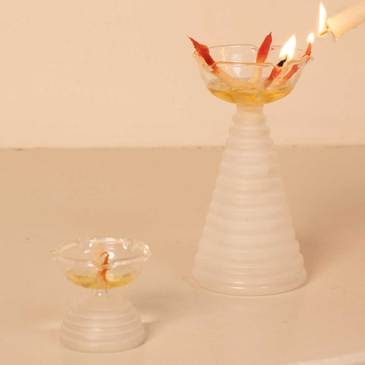 Handmade Clear Frosted Borosil Glass Oil Lamp / Diya | 5.9  inch