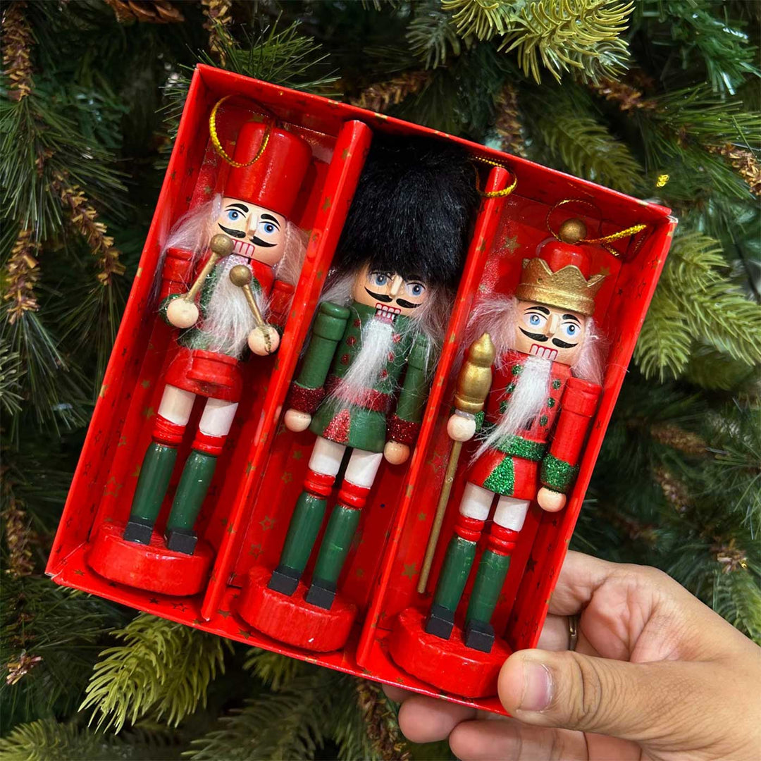 Handmade Glitter Nutcracker Wooden Ornaments For Christmas Tree Decoration | Set Of 3