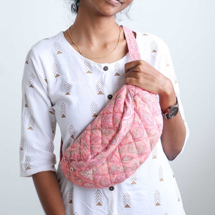 Handmade Block Printed Cotton Pink Belt Bag