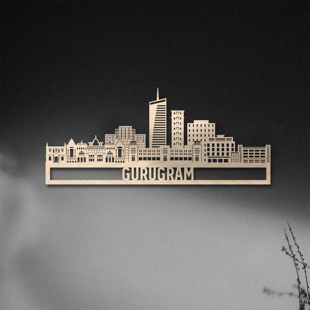 Printed Black Wooden Gurugram City Skyline Wall Decor