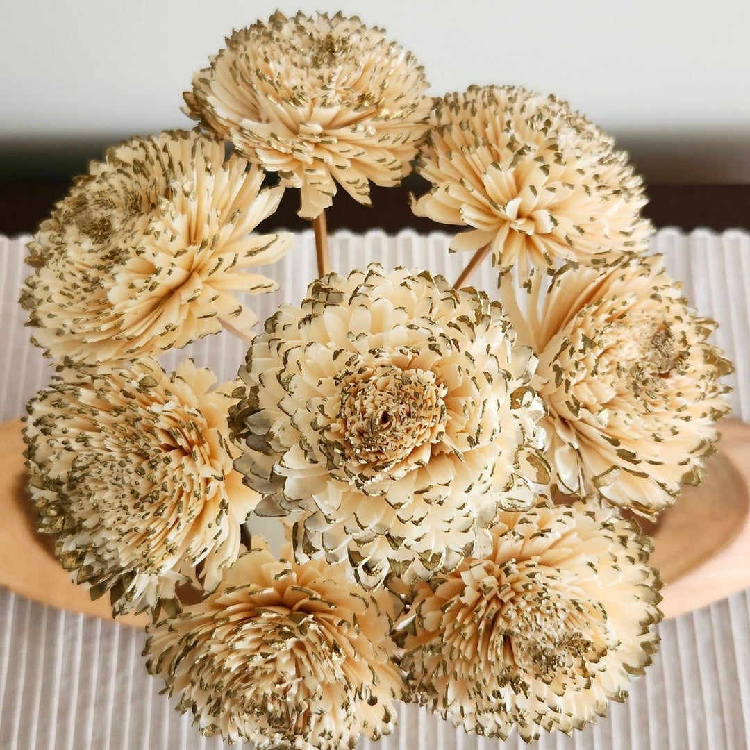 Handmade White & Gold Zinnia Flowers Stems Bouquet | Set Of 5