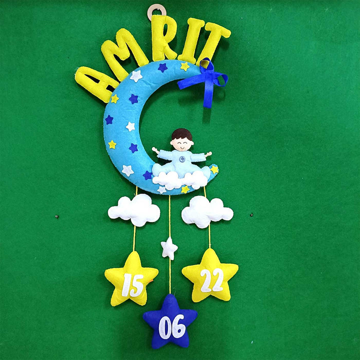 Personalized Handmade Boy Theme Moon Shaped Felt Kids Name Plate with Birthdate