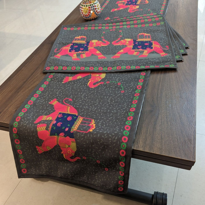 Printed Whimsical Tusker Parade Table Runner & Mat Set