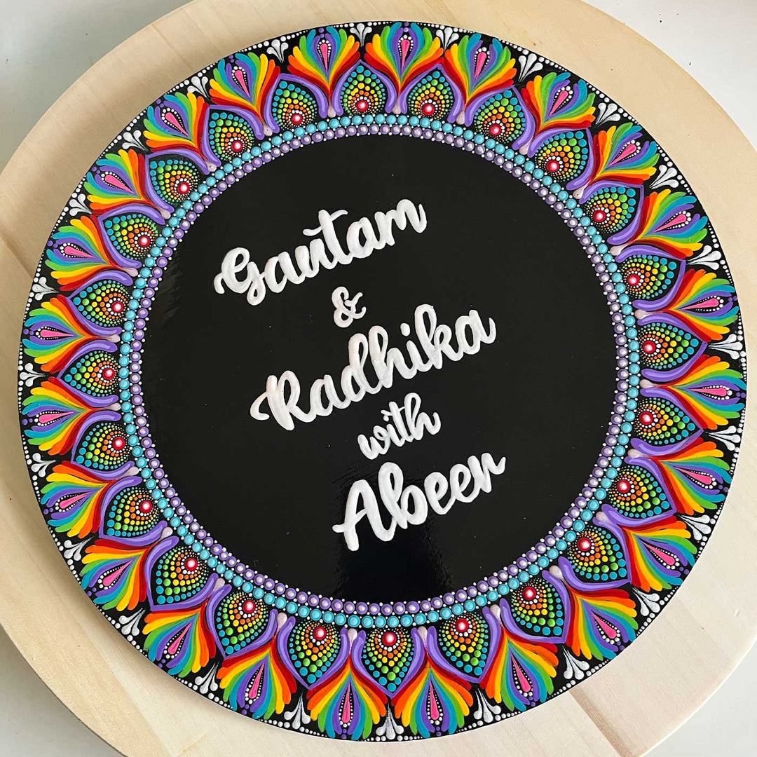 Personalized Handmade Circular Rainbow Dot Mandala Mdf Wood Name Plate