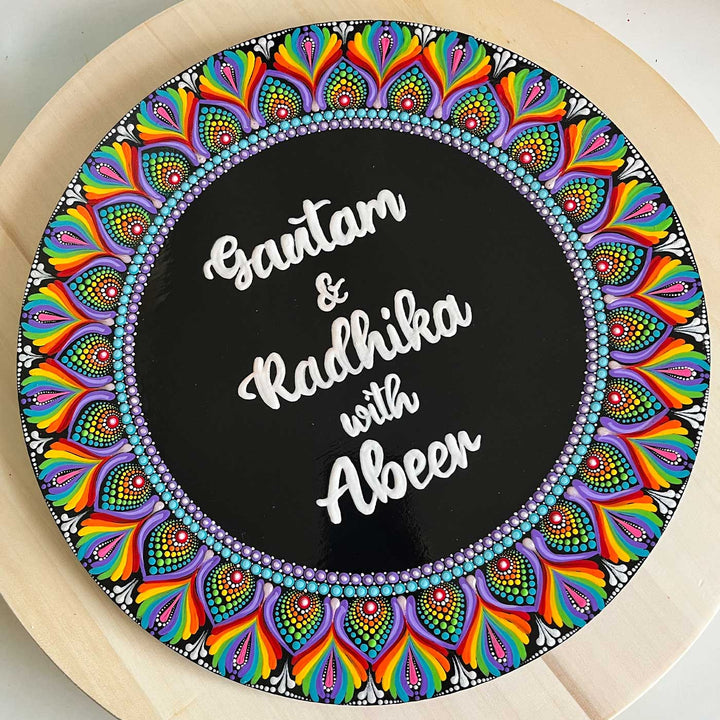 Personalized Handmade Circular Rainbow Dot Mandala Mdf Wood Name Plate