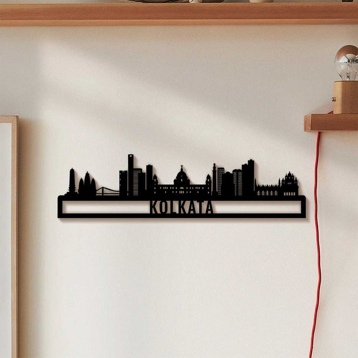 Printed Black Wooden Kolkata City Skyline Wall Decor