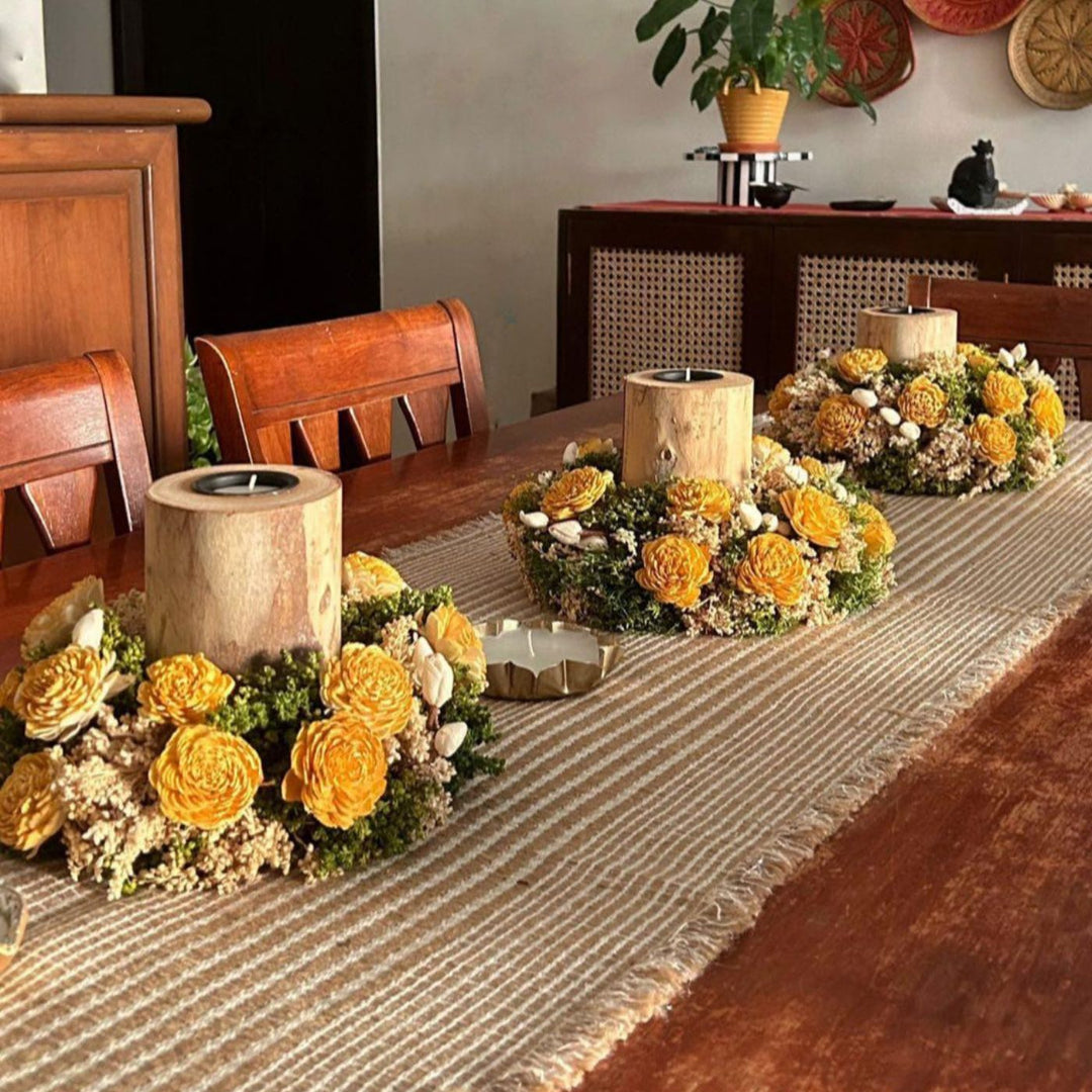 Handmade Decorative Yellow Shola Flower Centerpiece with Candle Holder