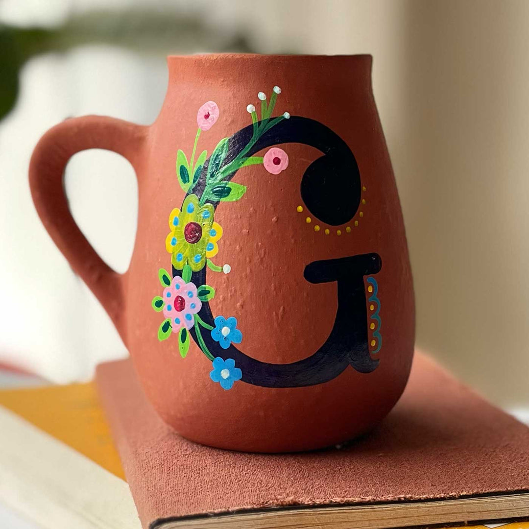 Personalized Hand-painted Floral Theme Monogram Terracotta Mug - G