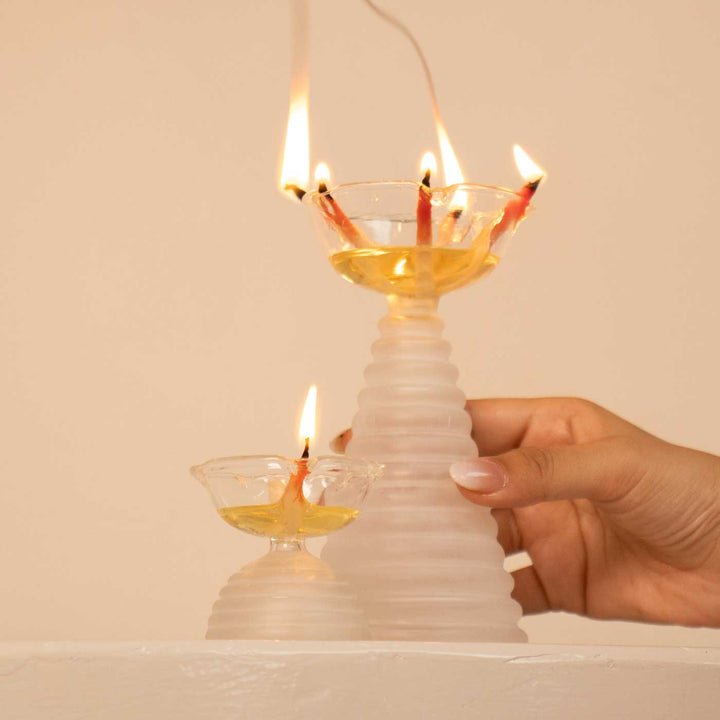 Handmade Clear Frosted Borosil Glass Oil Lamp / Diya | 5.9  inch