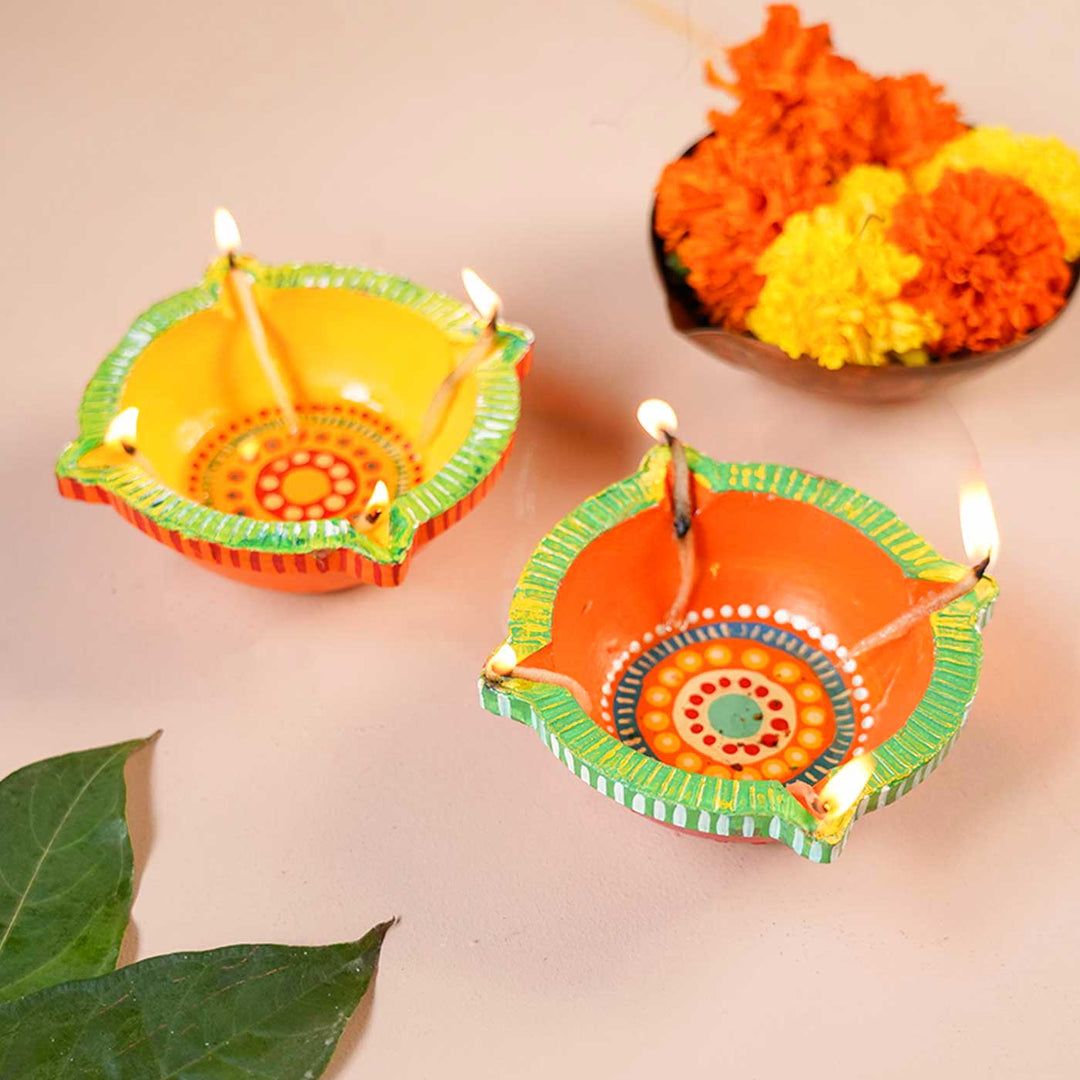 Handmade Big Star Clay Oil Lamp / Diya | Set of 2