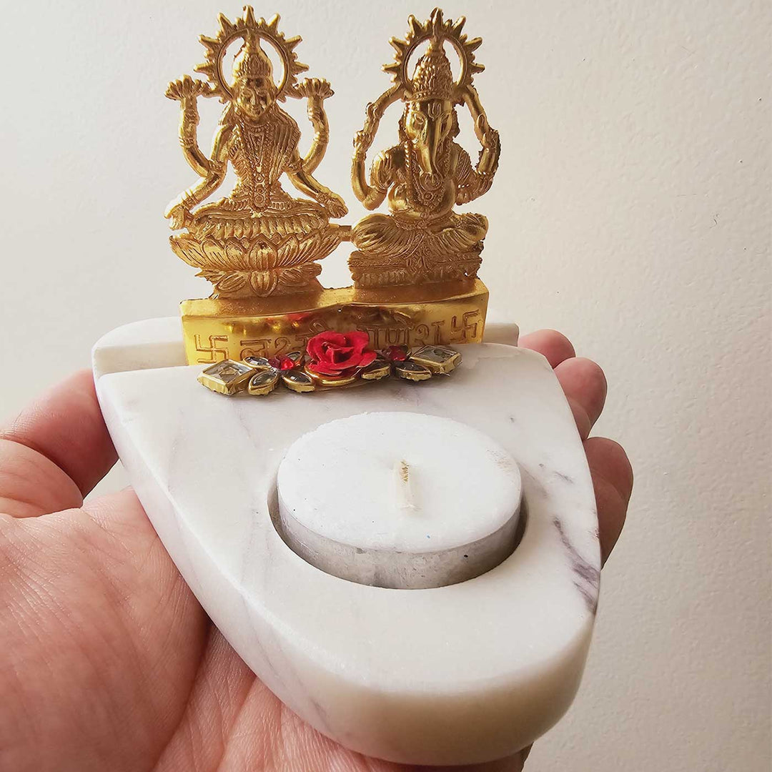 Handmade Laxmi Ganesha With Marble Base Tea Light Holder