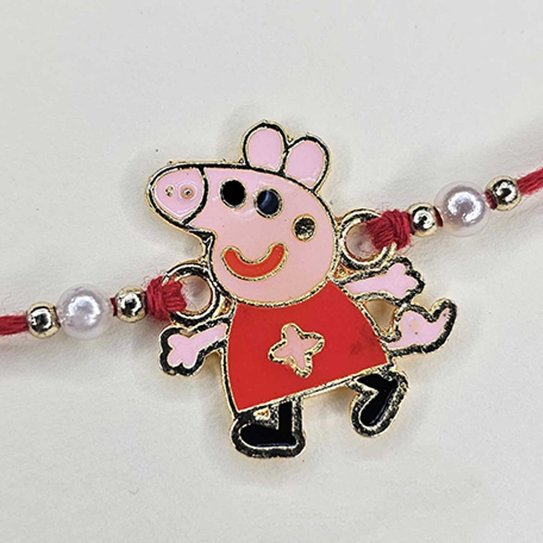 Handmade Peppa Pig Theme Metal Kids Rakhi With Roli Chawal