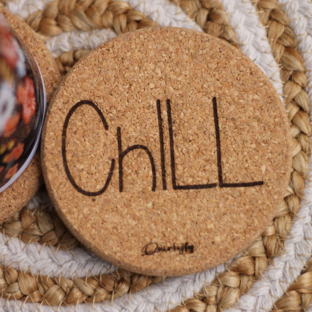 Eco-Friendly Printed Chill & Relax Cork Coaster Set | Set of 4