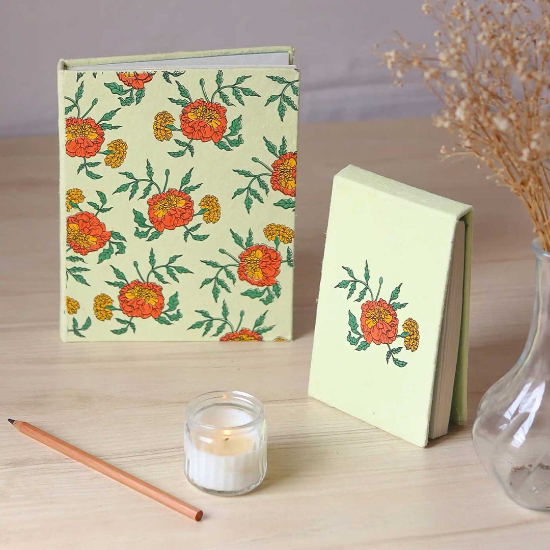 Handmade Genda Phool Unruled A5 Journal & A6 Notepad | Set Of 2