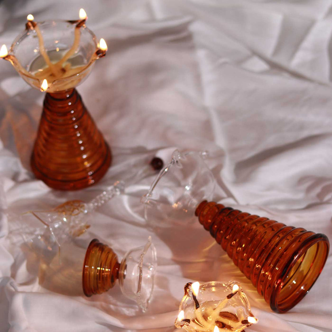 Handmade Amber Tall Borosil Glass Oil Lamp / Diya | 5.9  inch