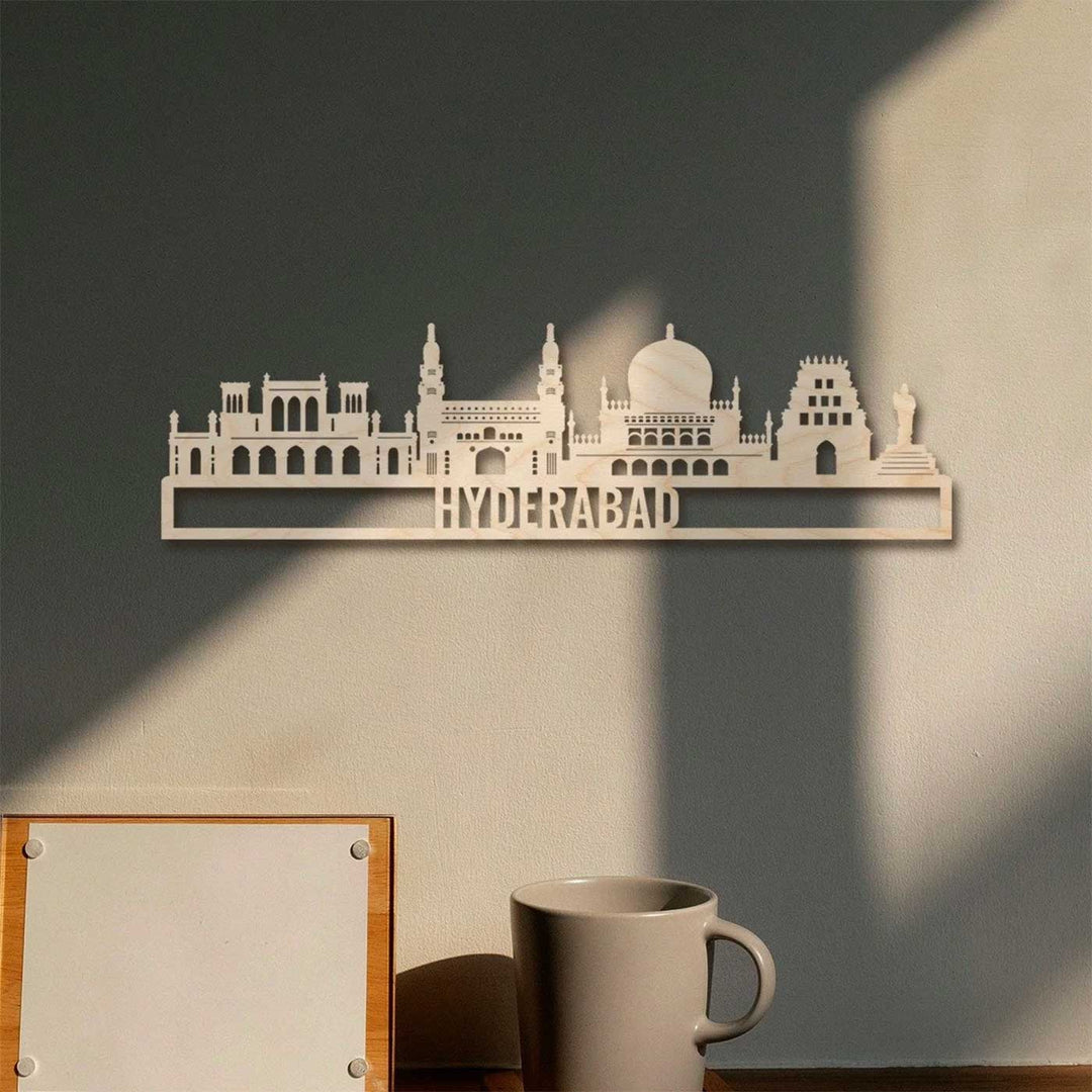 Printed Black Wooden Hyderabad City Skyline Wall Decor