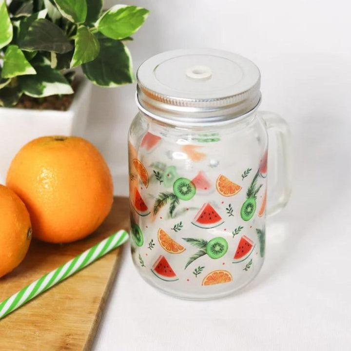 Botanical Print Mason Jar with Metal Lid & Straw | 500 ml