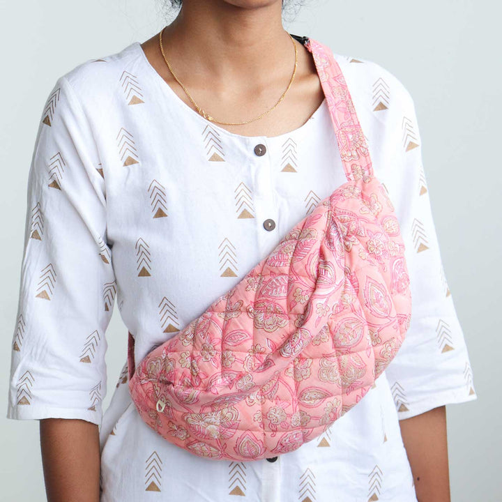 Handmade Block Printed Cotton Pink Belt Bag