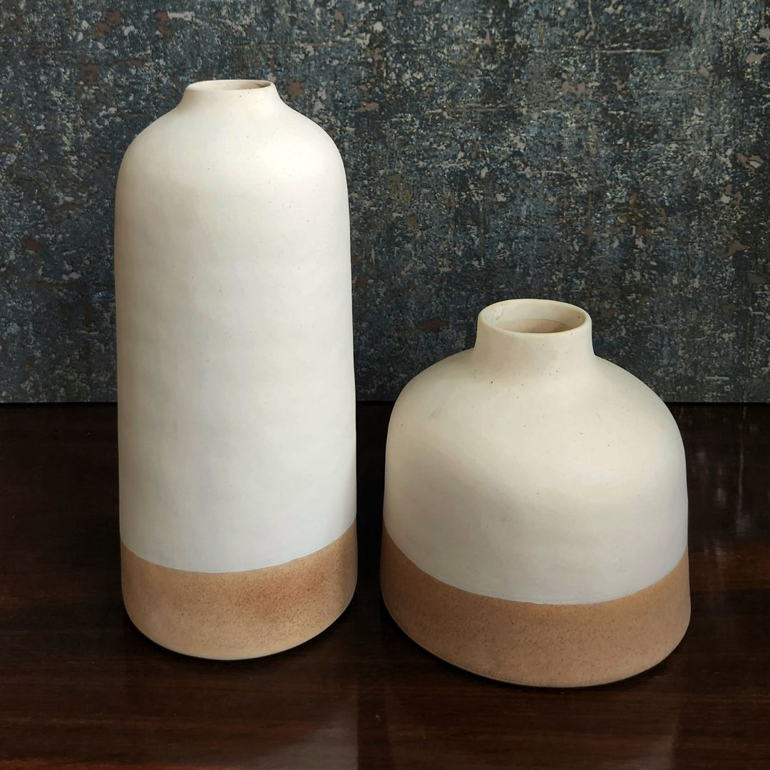 Handmade White & Tan Ceramic Tall Ceramic Vase