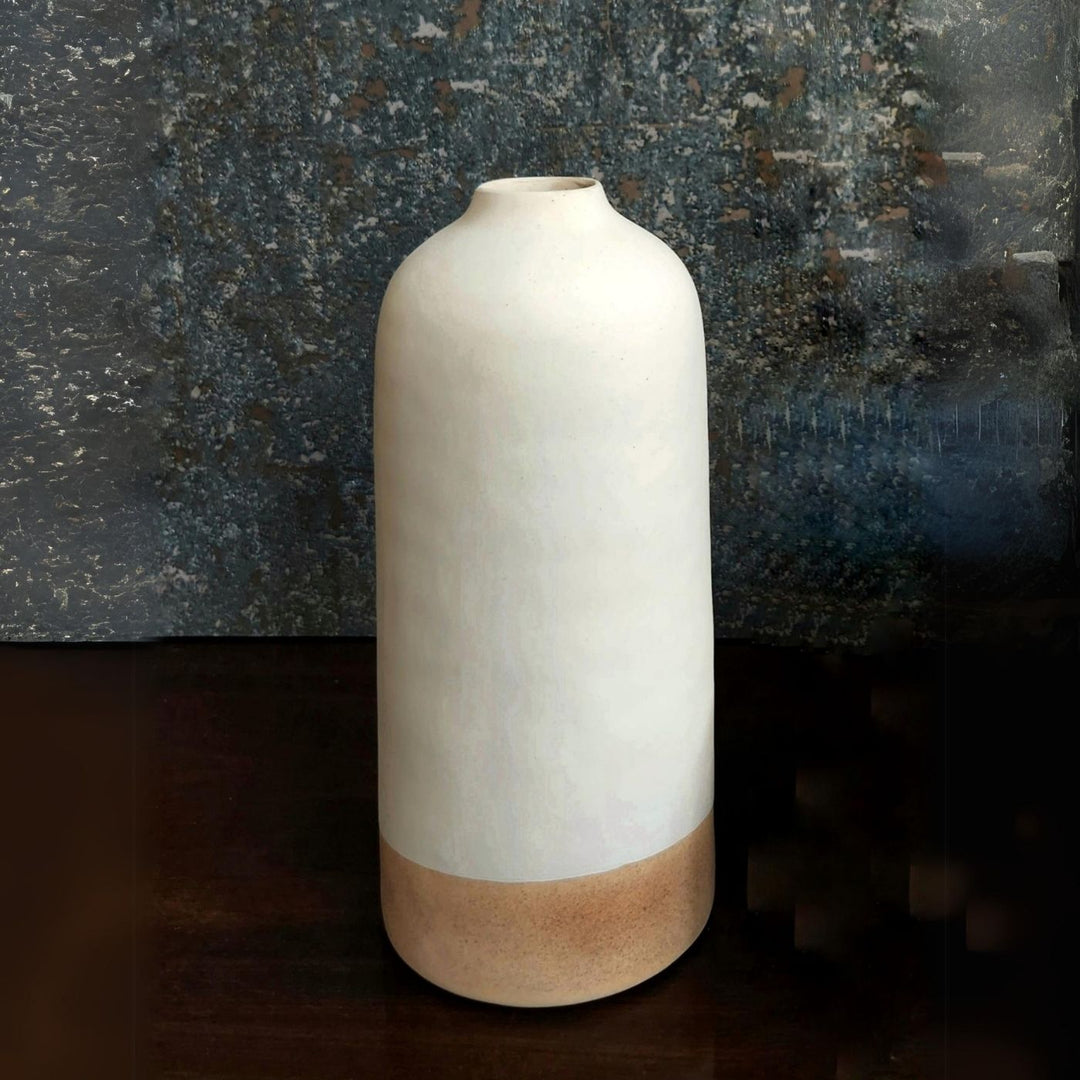 Handmade White & Tan Ceramic Tall Ceramic Vase