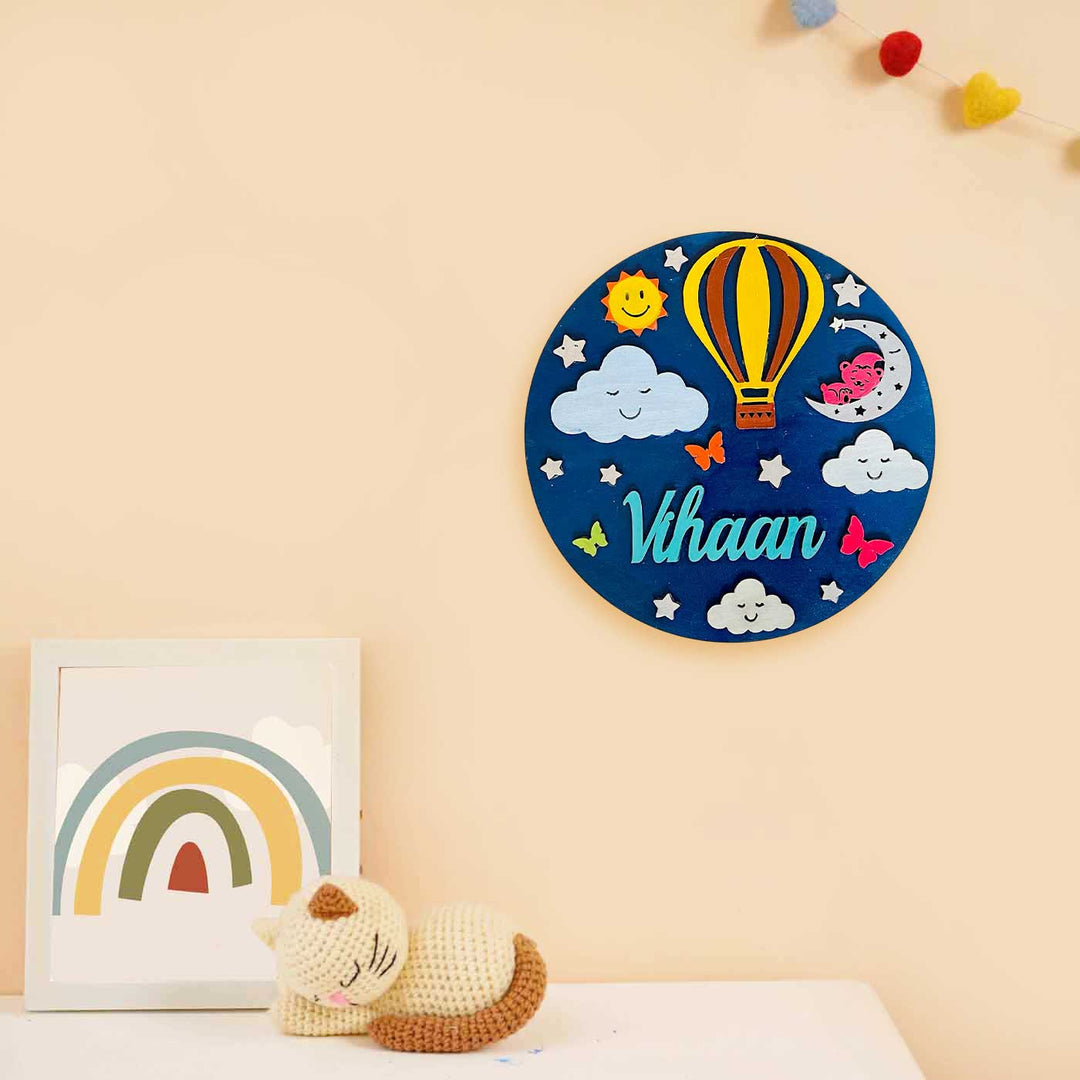 Personalized Hand-Painted Hot Air Balloon In The Sky Mdf Wood Kids Name Plate