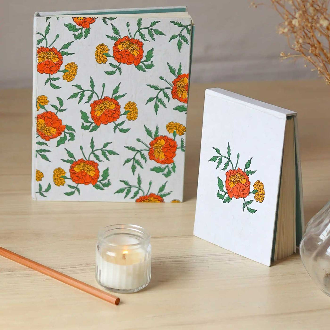 Handmade Genda Phool Unruled A5 Journal & A6 Notepad | Set Of 2