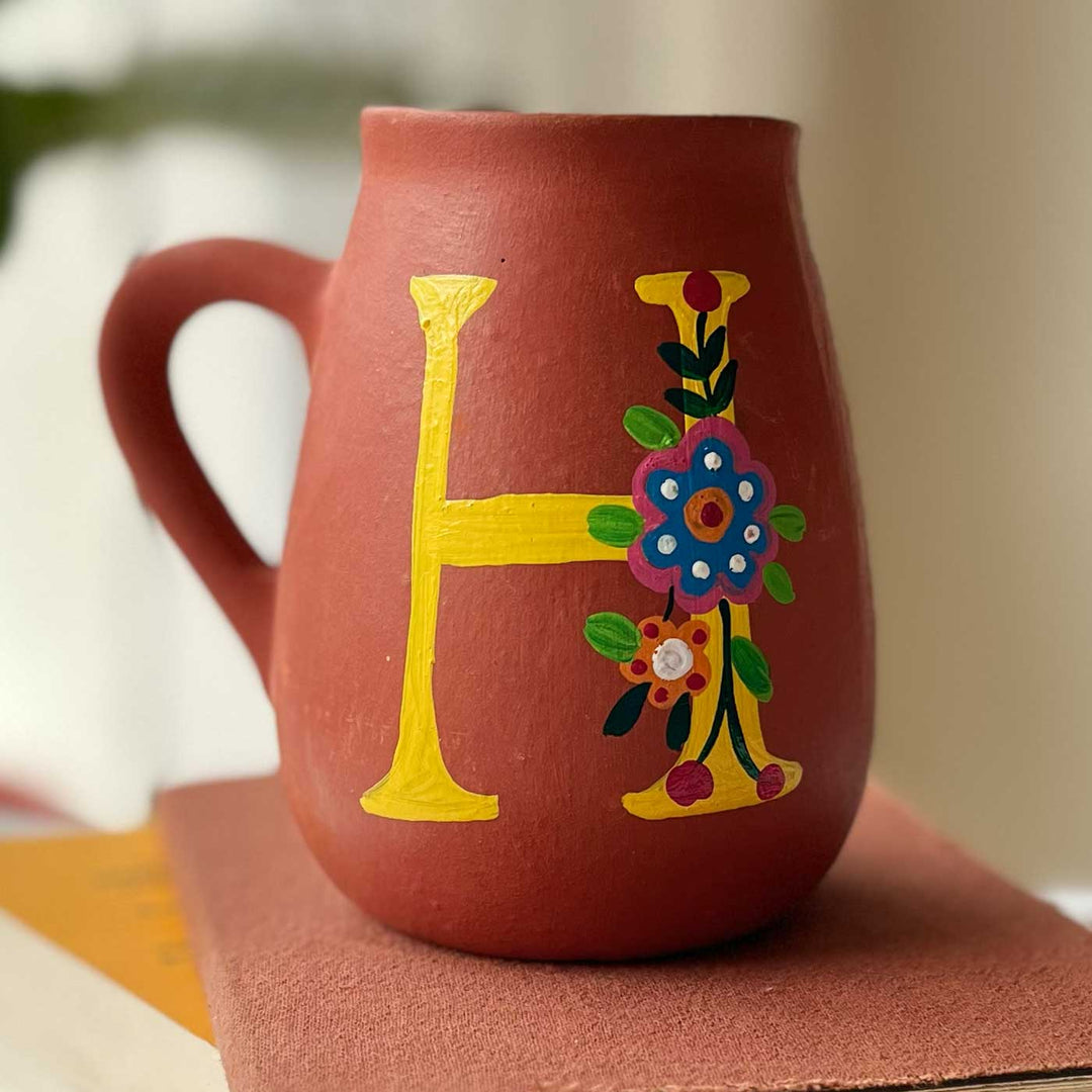 Personalized Hand-painted Floral Theme Monogram Terracotta Mug - H