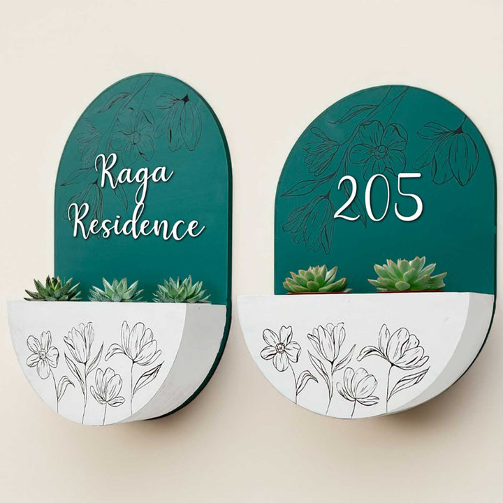 Personalized Handmade White & Green Floral MDF Wood Planter Name Plate