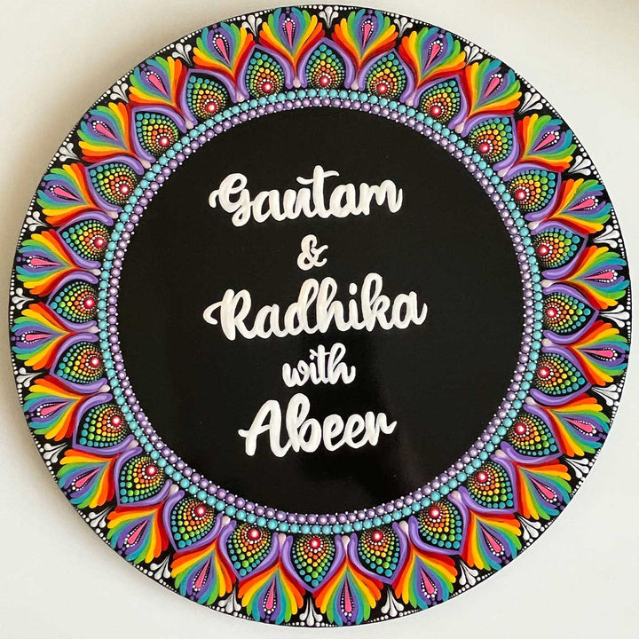 Personalized Handmade Circular Rainbow Dot Mandala Mdf Wood Name Plate