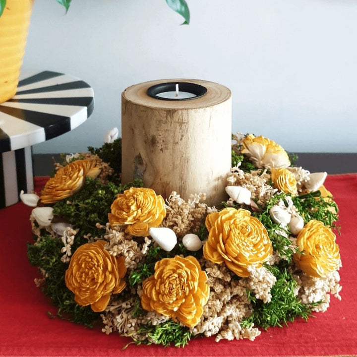 Handmade Decorative Yellow Shola Flower Centerpiece with Candle Holder