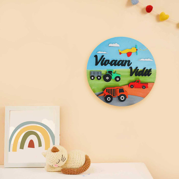 Personalized Hand-Painted Transport MDF Wood Kids Name Plate