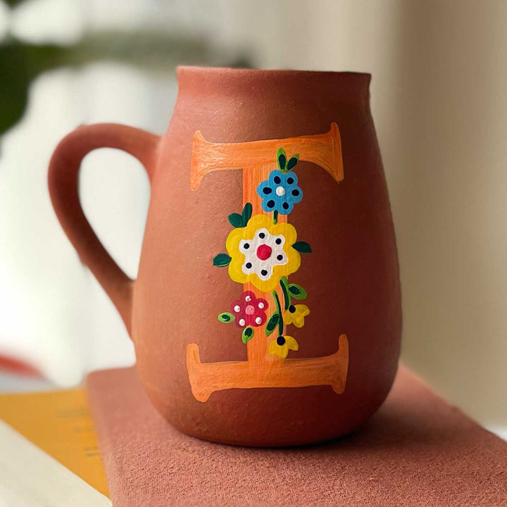 Personalized Hand-painted Floral Theme Monogram Terracotta Mug - I