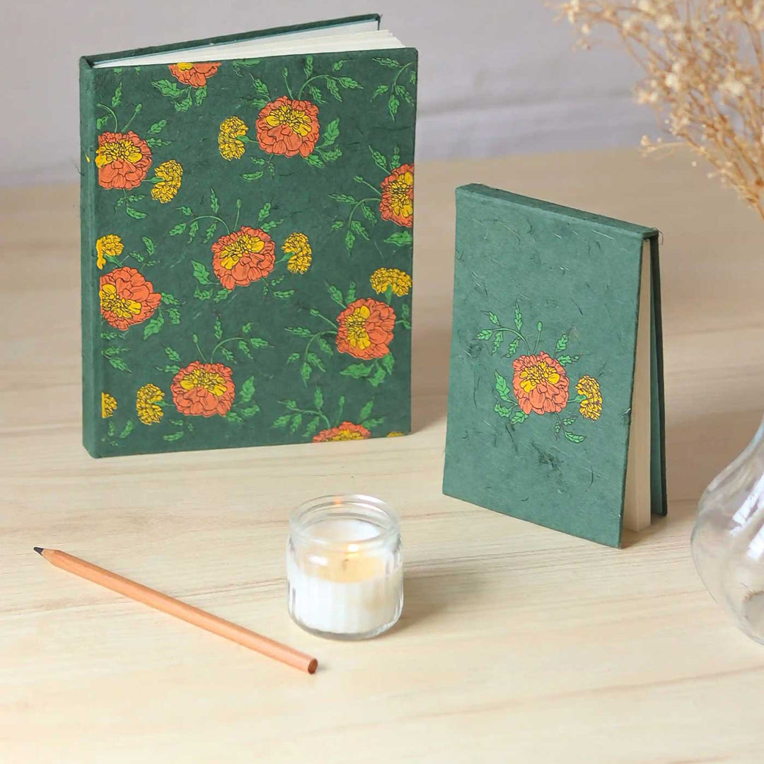 Handmade Genda Phool Unruled A5 Journal & A6 Notepad | Set Of 2