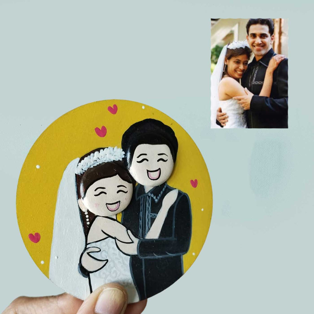 Photo Personalized Pebble Art Couples Magnet With Yellow Background