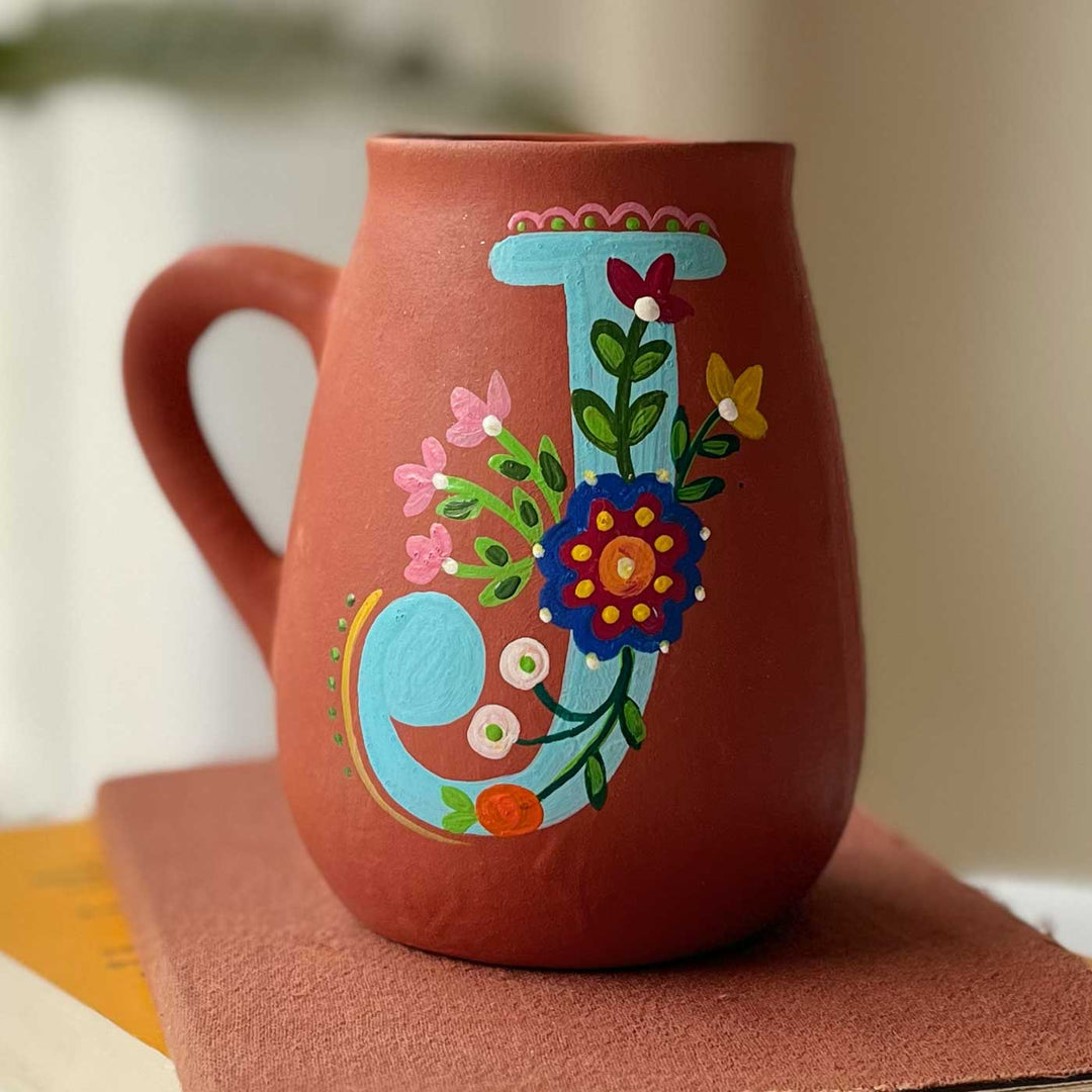 Personalized Hand-painted Floral Theme Monogram Terracotta Mug - J