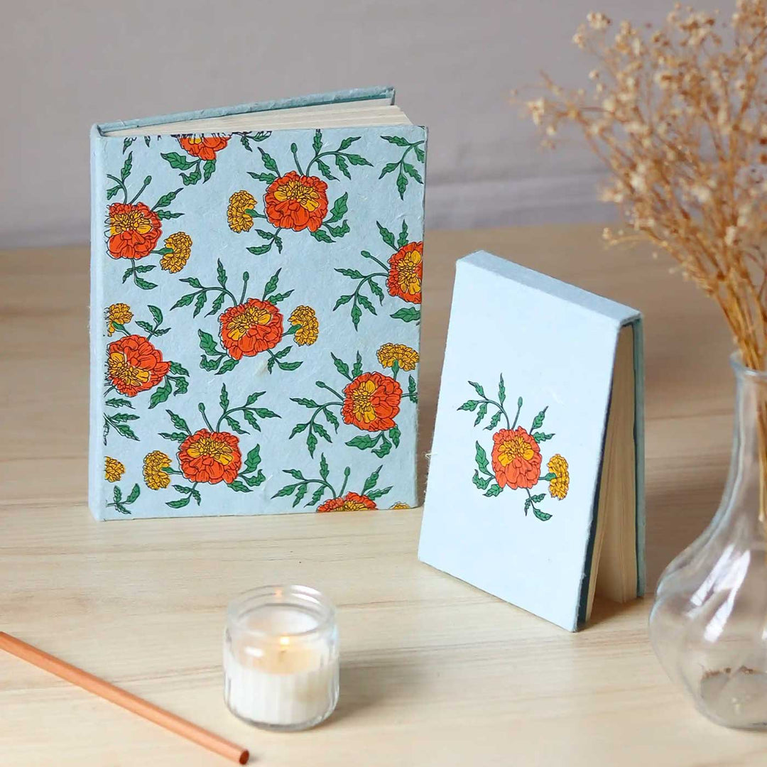 Handmade Genda Phool Unruled A5 Journal & A6 Notepad | Set Of 2