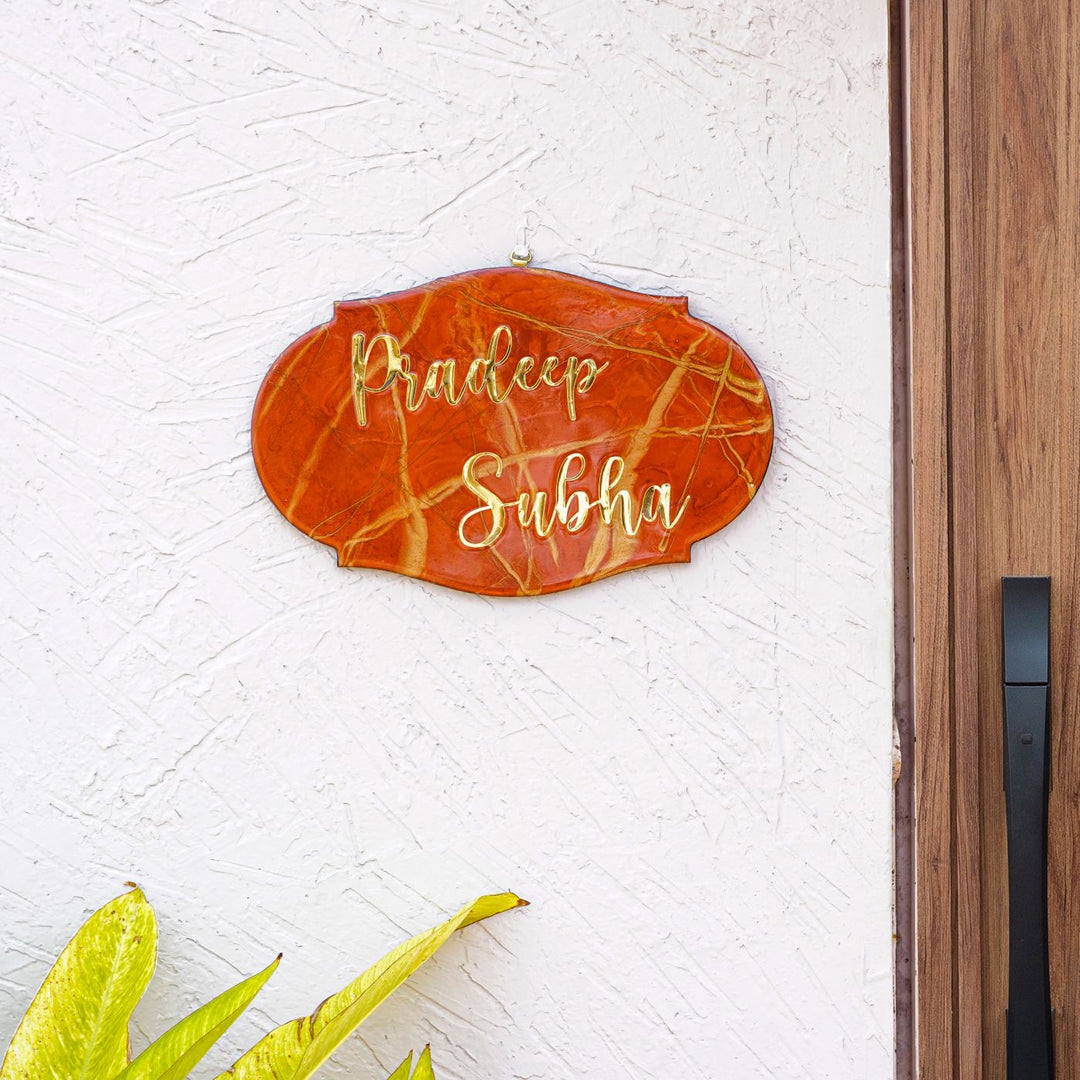 Handmade Resin Orange & Gold Victorian Marbled Name Plate